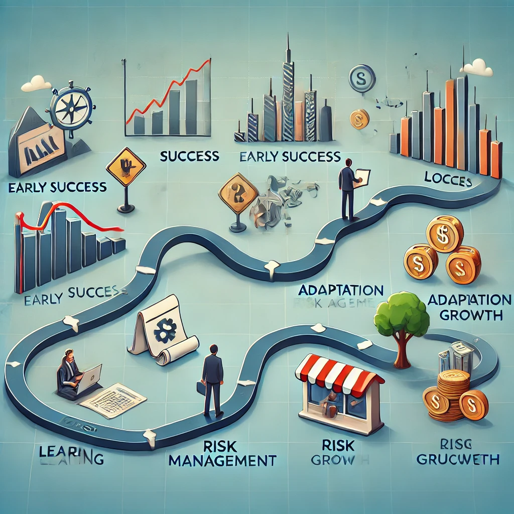 A roadmap visualizing a traders journey to success including ups and downs. The path includes milestones such as early success losses adaptation.